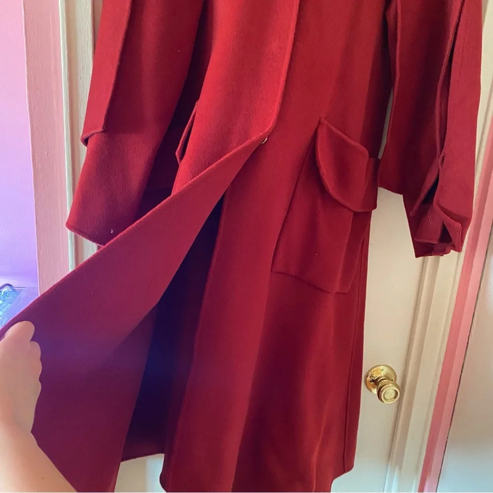 Red Long Length Felt A-Line Coat with Attached Scarf Wrap Panels